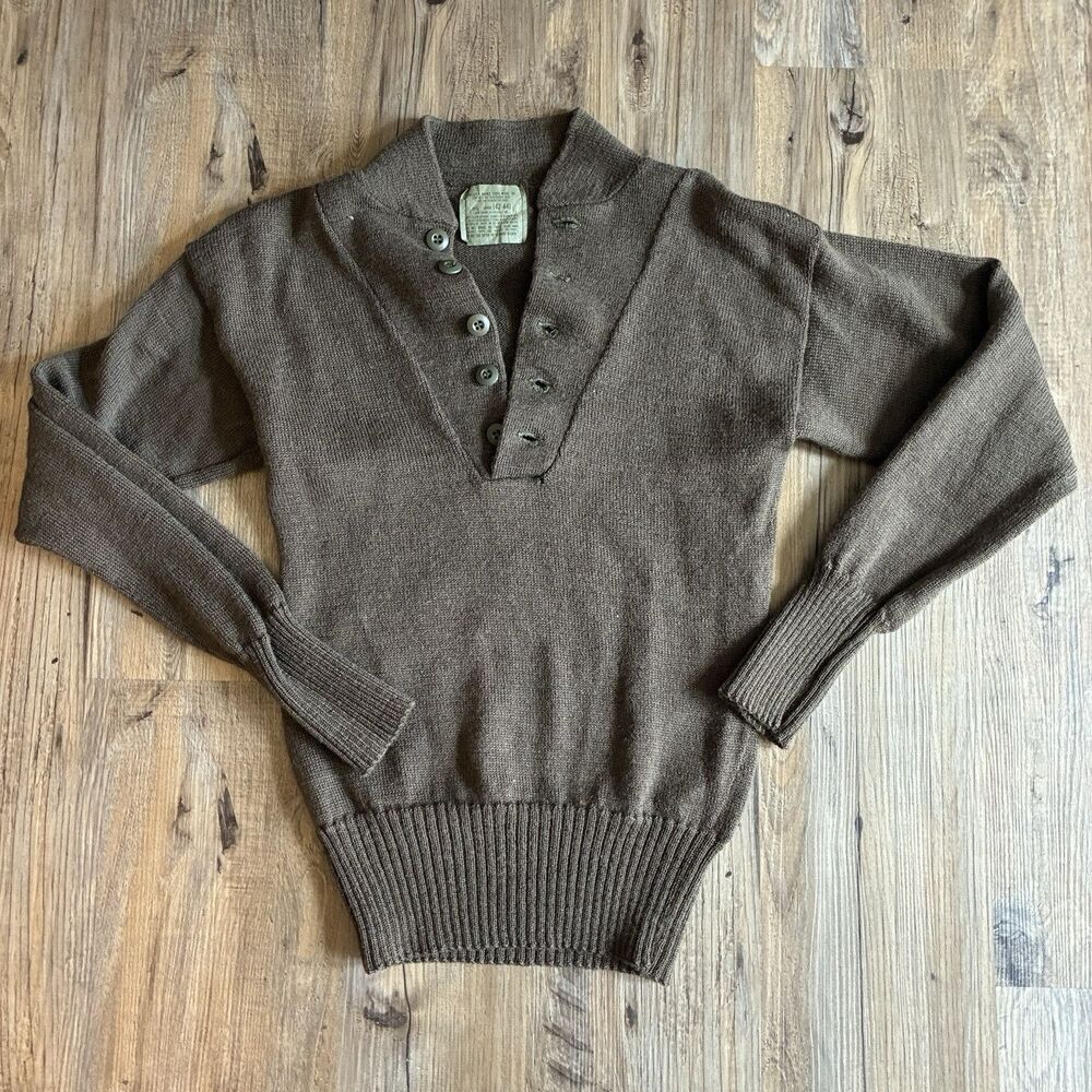 Jack Young Associates Inc Military Brown Wool Knit Sweater SHRUNKEN